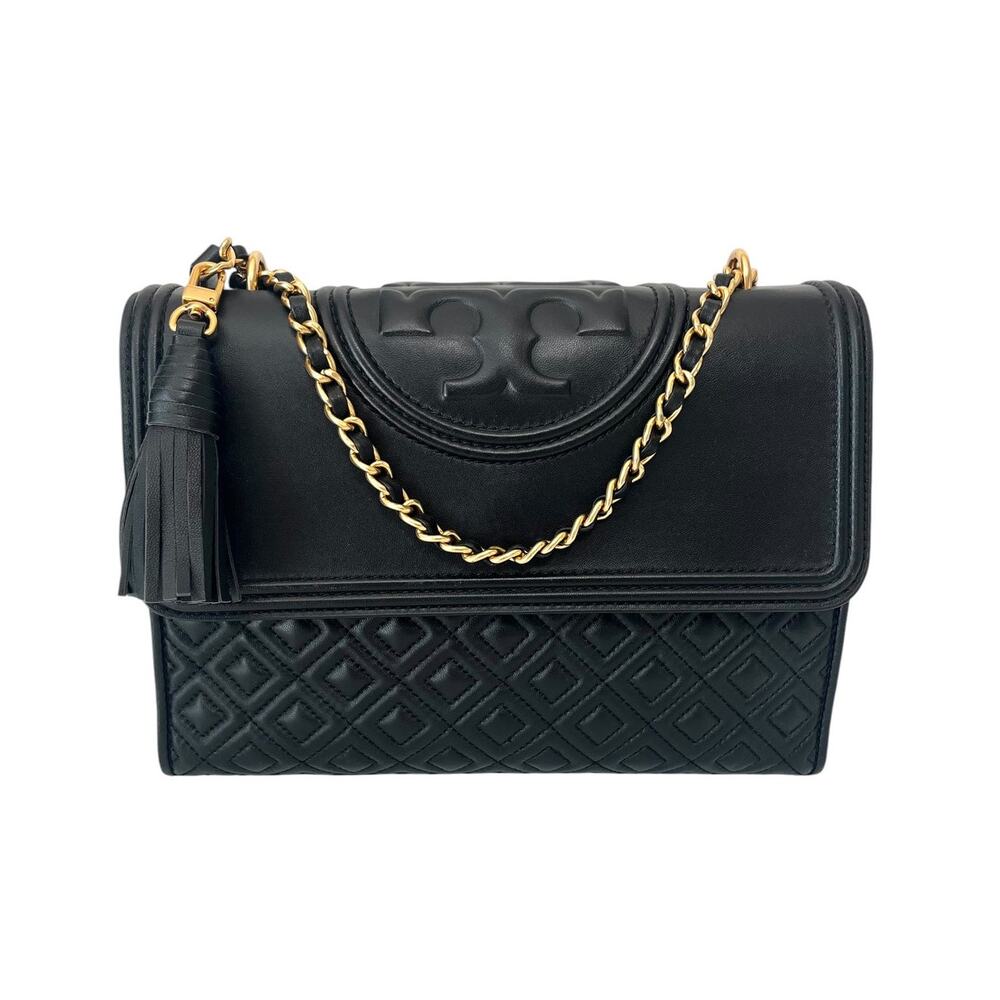 Tory Burch Fleming Quilted Leather Convertible Shoulder Bag Black gold tone